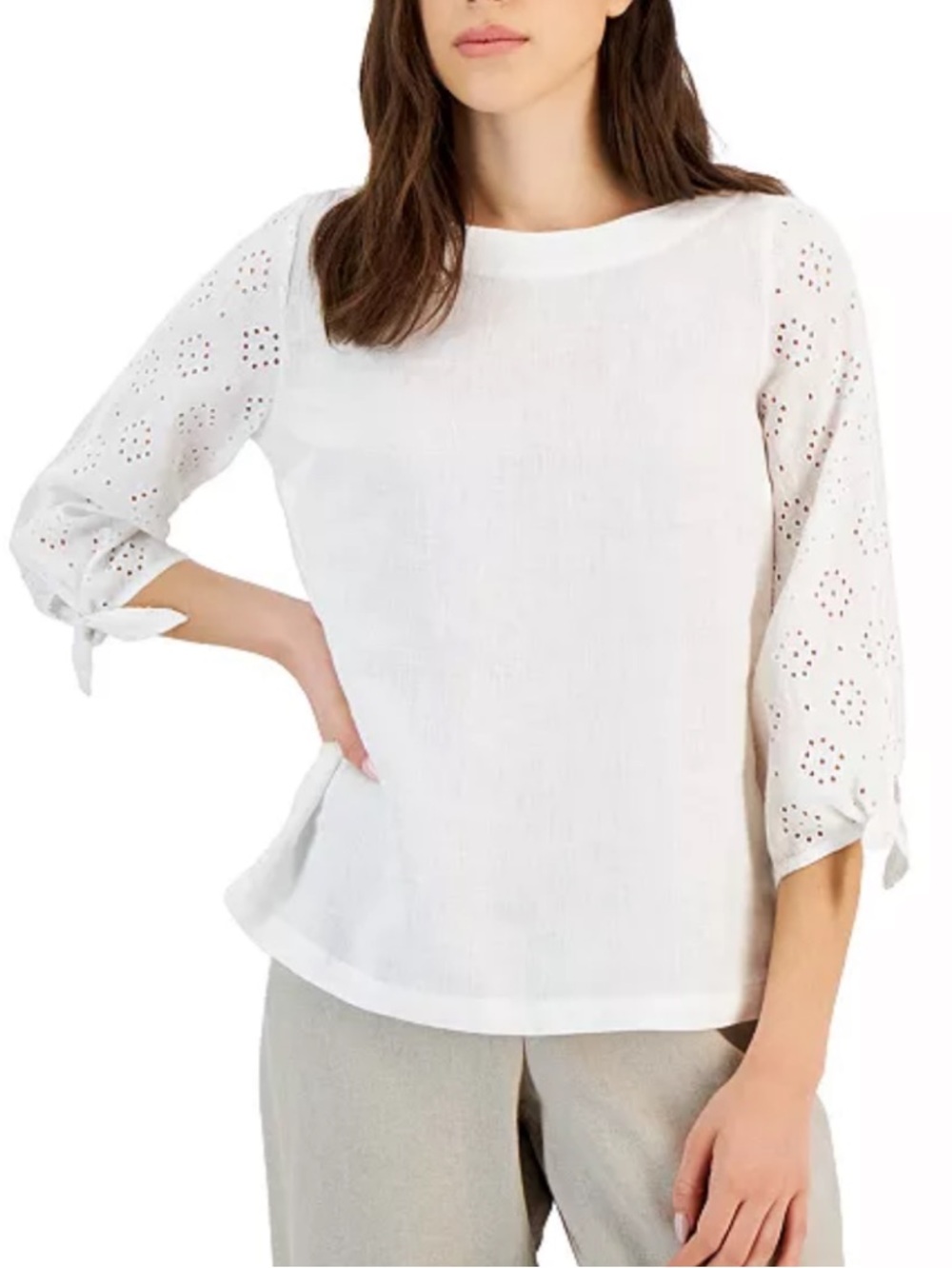 New Linen Charter Club Luxury White Eyelet Tie-Sleeve Blouse Size XS